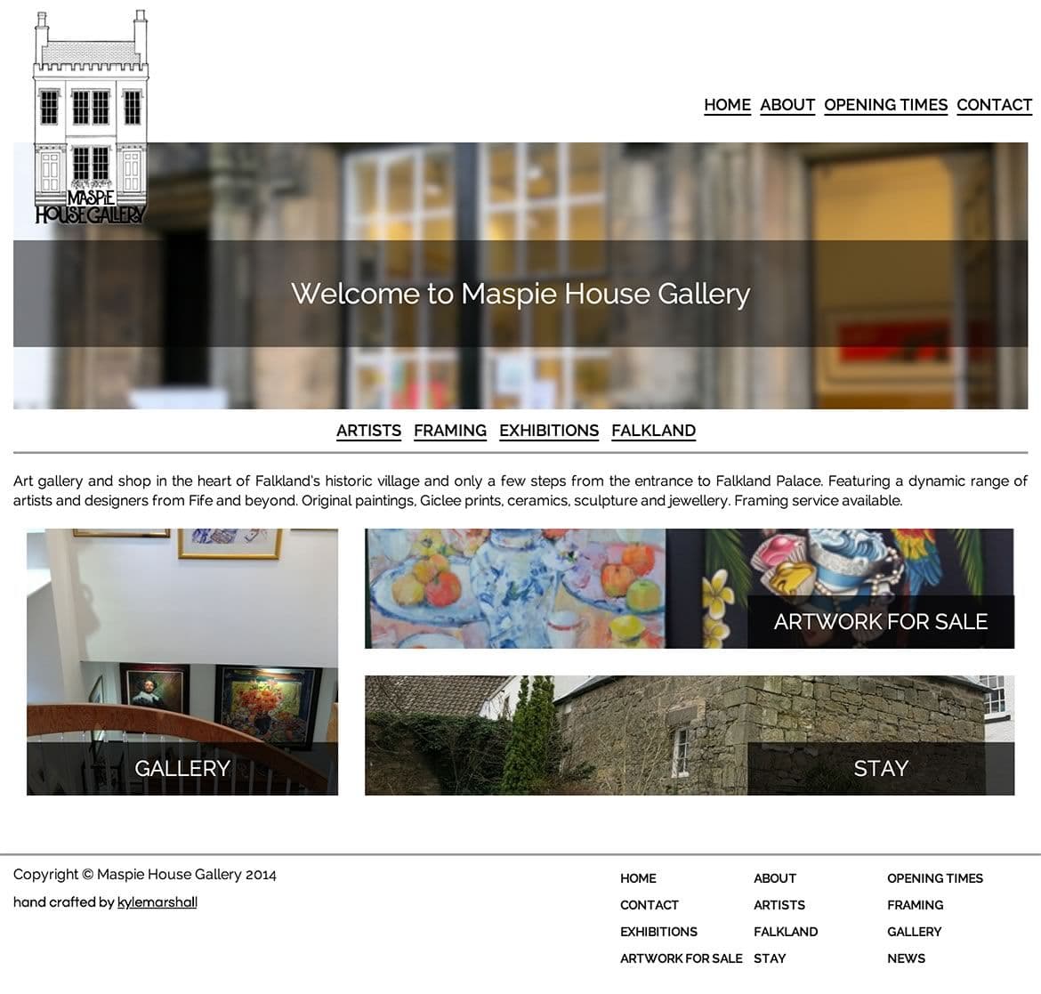 The Maspie House Gallery website homepage, with a gallery photo banner and links to Artists, Framing, Exhibitions and Falkland.